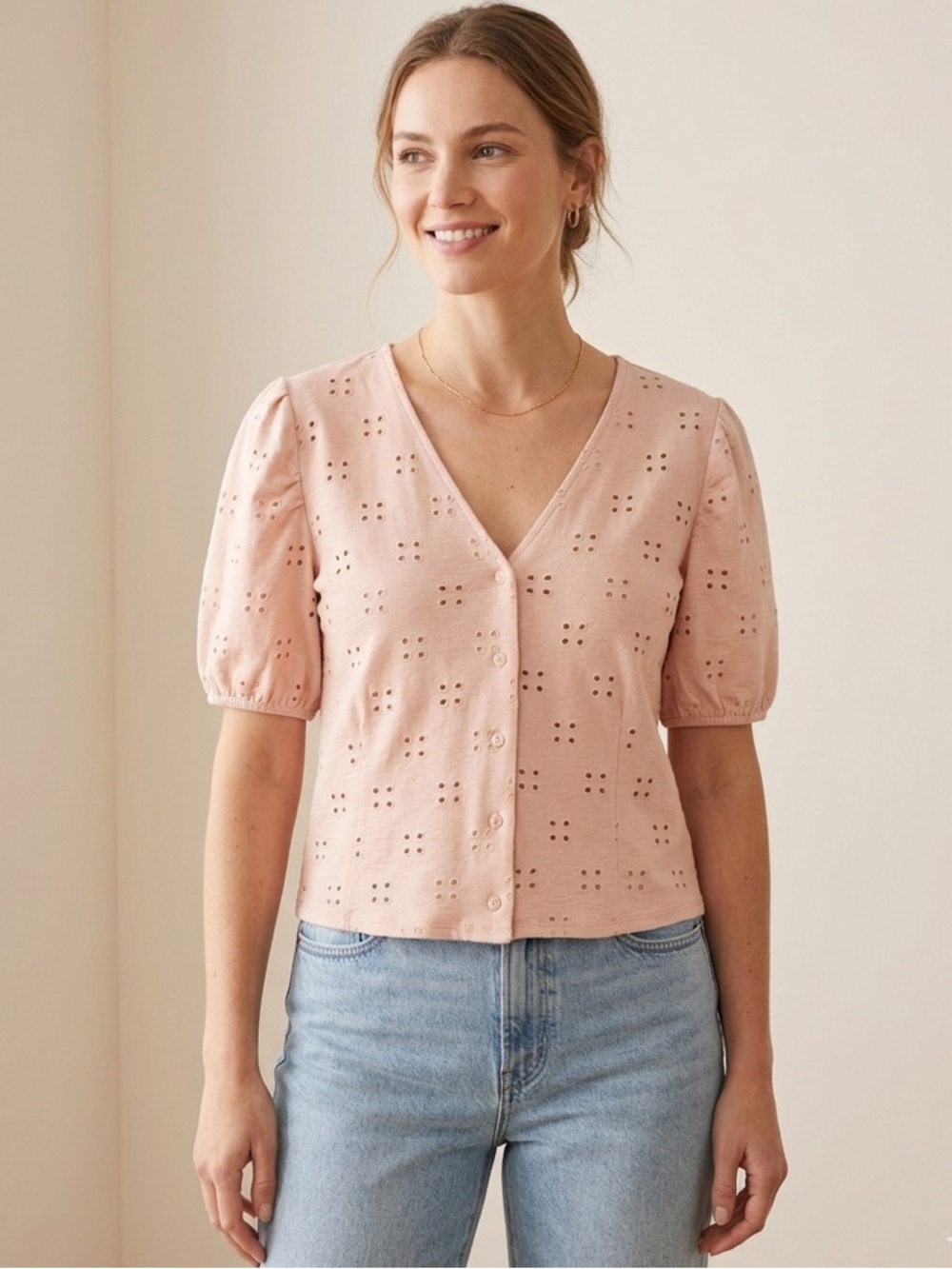 Venice Love Blush Pink Eyelet Puff Sleeve Button-Front Top
